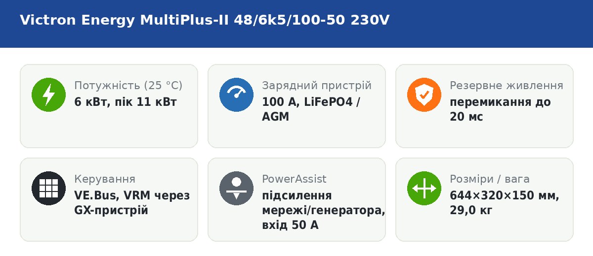 Victron MultiPlus-II 48/6k5/100-50 230V — основні характеристики Victron MultiPlus-II 48/6k5/100-50 230V — основні характеристики